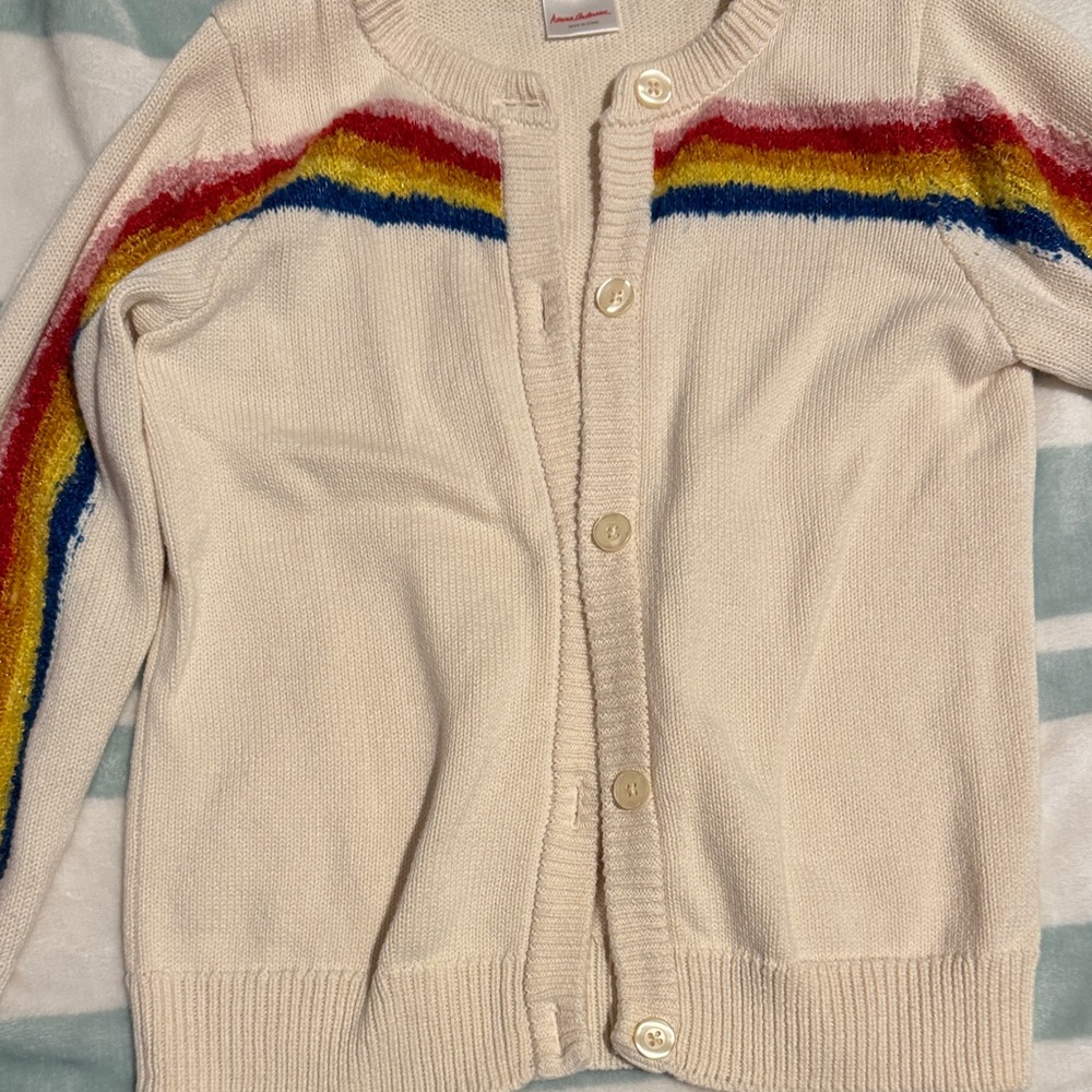 Hanna Andersson Cream Cardigan with Rainbow Stripes - Picture 3 of 6
